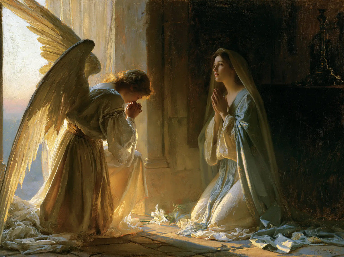 the Annunciation at dawn in The Annunciation at Dawn style, landscape Christian artwork no. 1