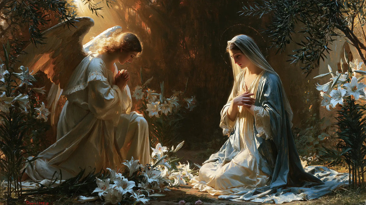 the Annunciation in a garden in The Annunciation in the Garden style, landscape Christian artwork no. 14