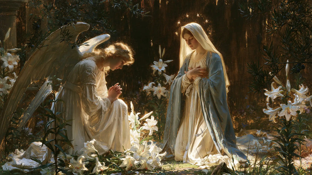 the Annunciation in a garden in The Annunciation in the Garden style, landscape Christian artwork no. 16