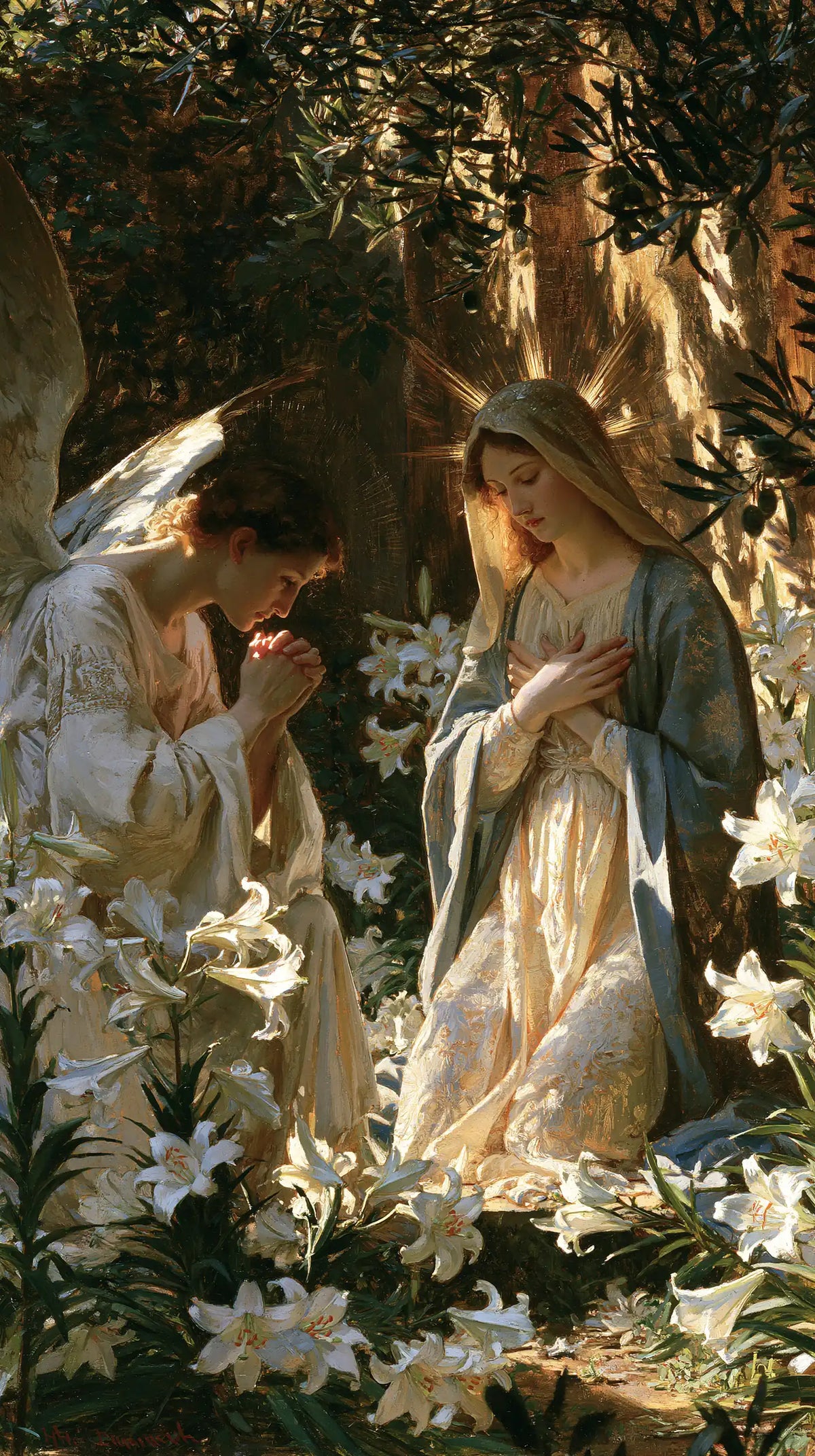 the Annunciation in a garden in The Annunciation in the Garden style, portrait Christian artwork no. 6