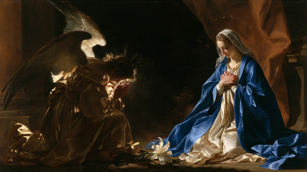 the Annunciation in black and gold in Black and Gold style, landscape Christian artwork no. 6