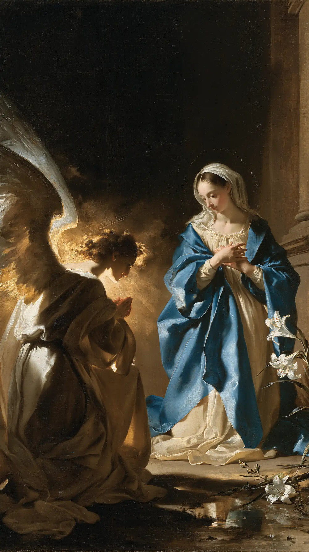 the Annunciation in black and gold in Black and Gold style, portrait Christian artwork no. 8