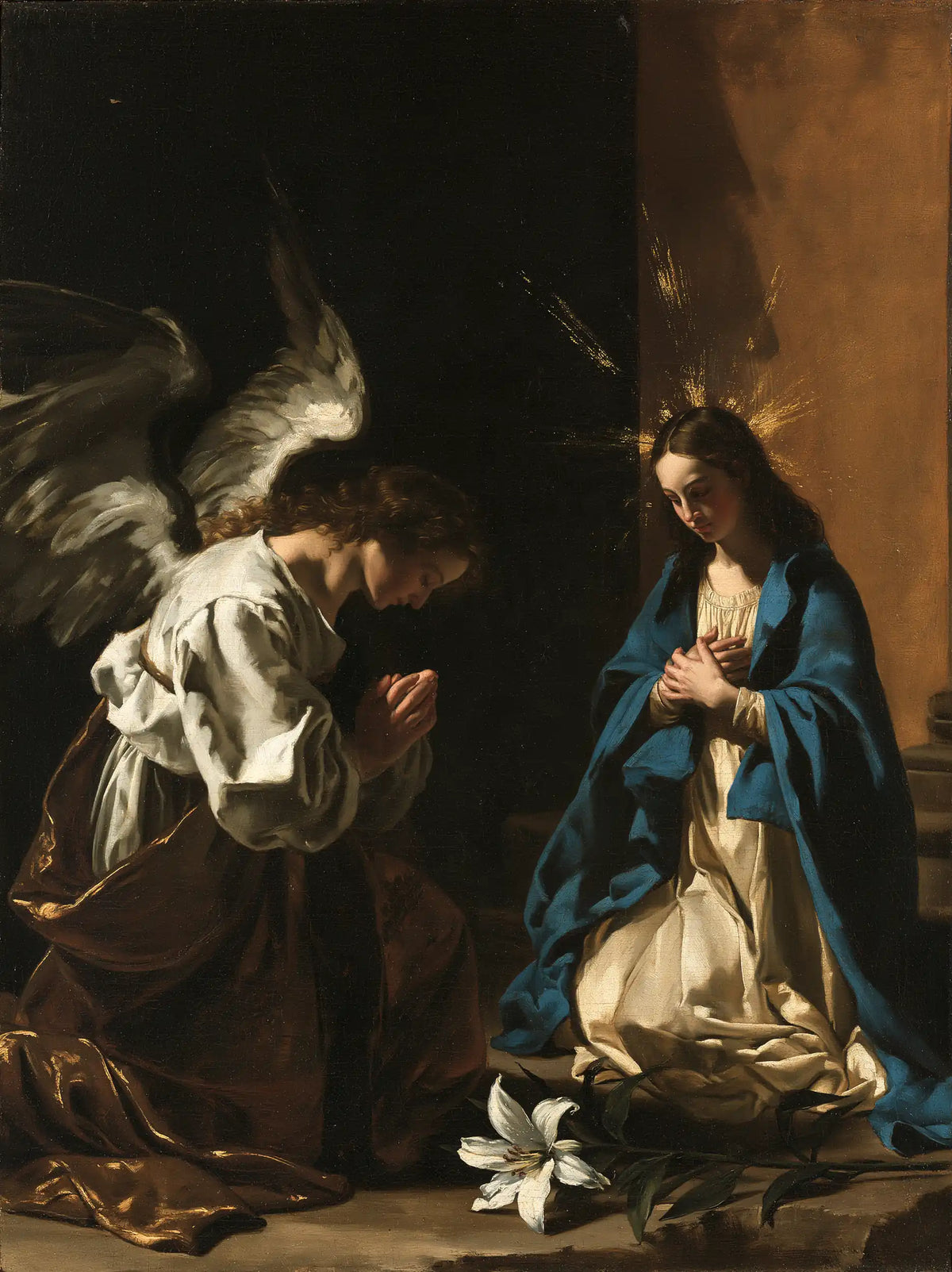 the Annunciation in black and gold in Black and Gold style, portrait Christian artwork no. 15