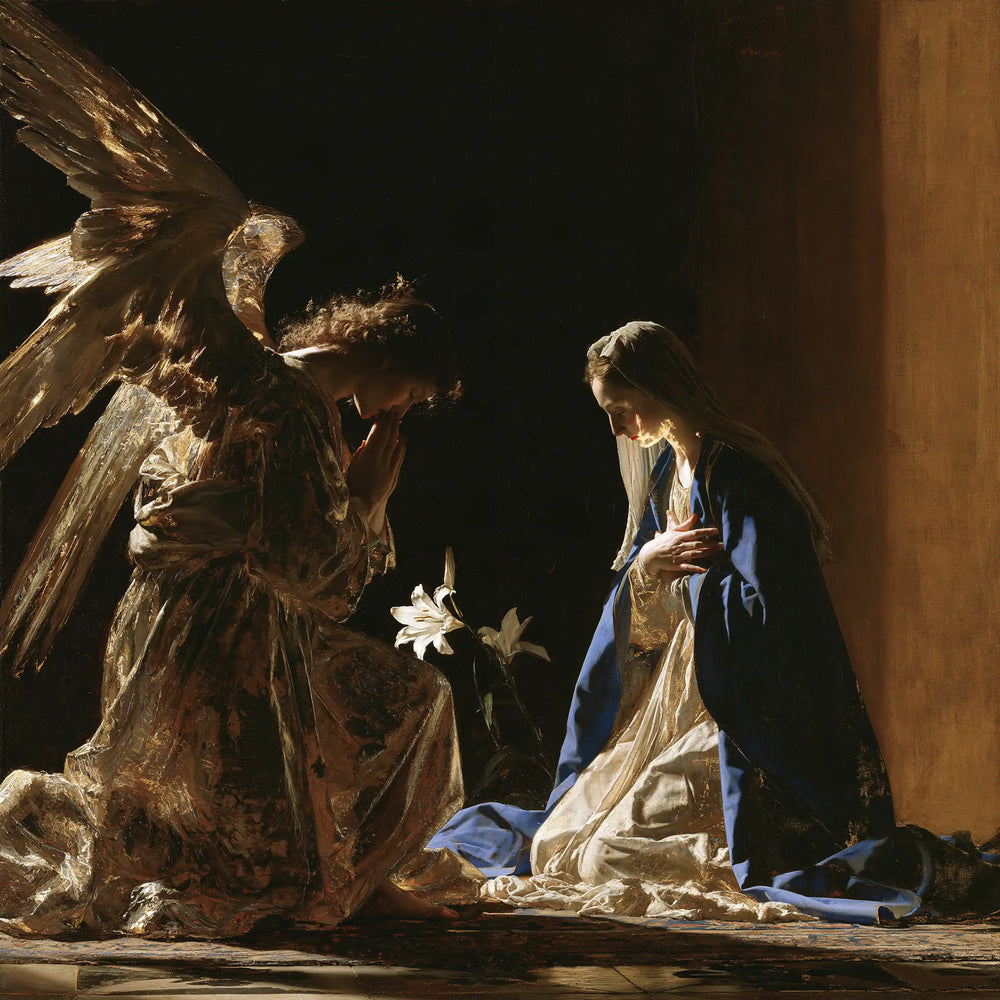 the Annunciation in black and gold in Black and Gold style, square Christian artwork no. 7