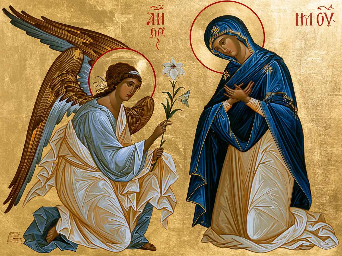 the Annunciation in a contemporary Byzantine icon in Contemporary Byzantine style, landscape Christian artwork no. 2