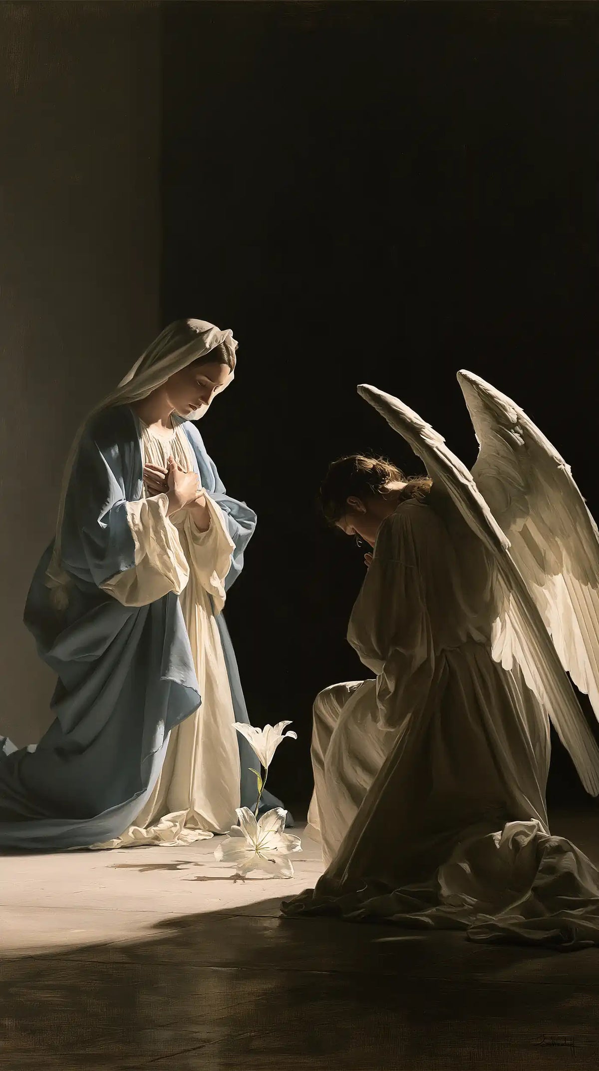 the Annunciation in a minimalist composition in Contemporary Minimalism style, portrait Christian artwork no. 11