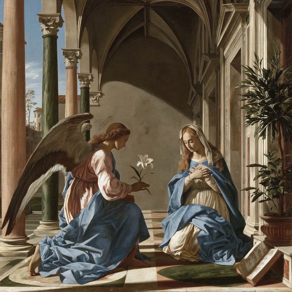 the Annunciation in Florentine Renaissance style in Florentine Renaissance style, square Christian artwork no. 1