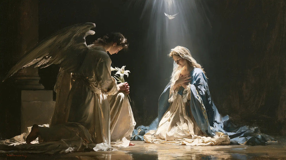 the Annunciation with the Holy Spirit in The Holy Spirit style, landscape Christian artwork no. 9