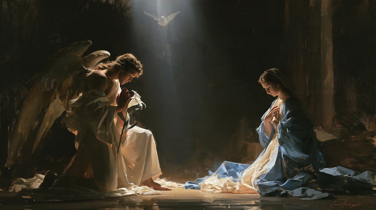 the Annunciation with the Holy Spirit in The Holy Spirit style, landscape Christian artwork no. 15