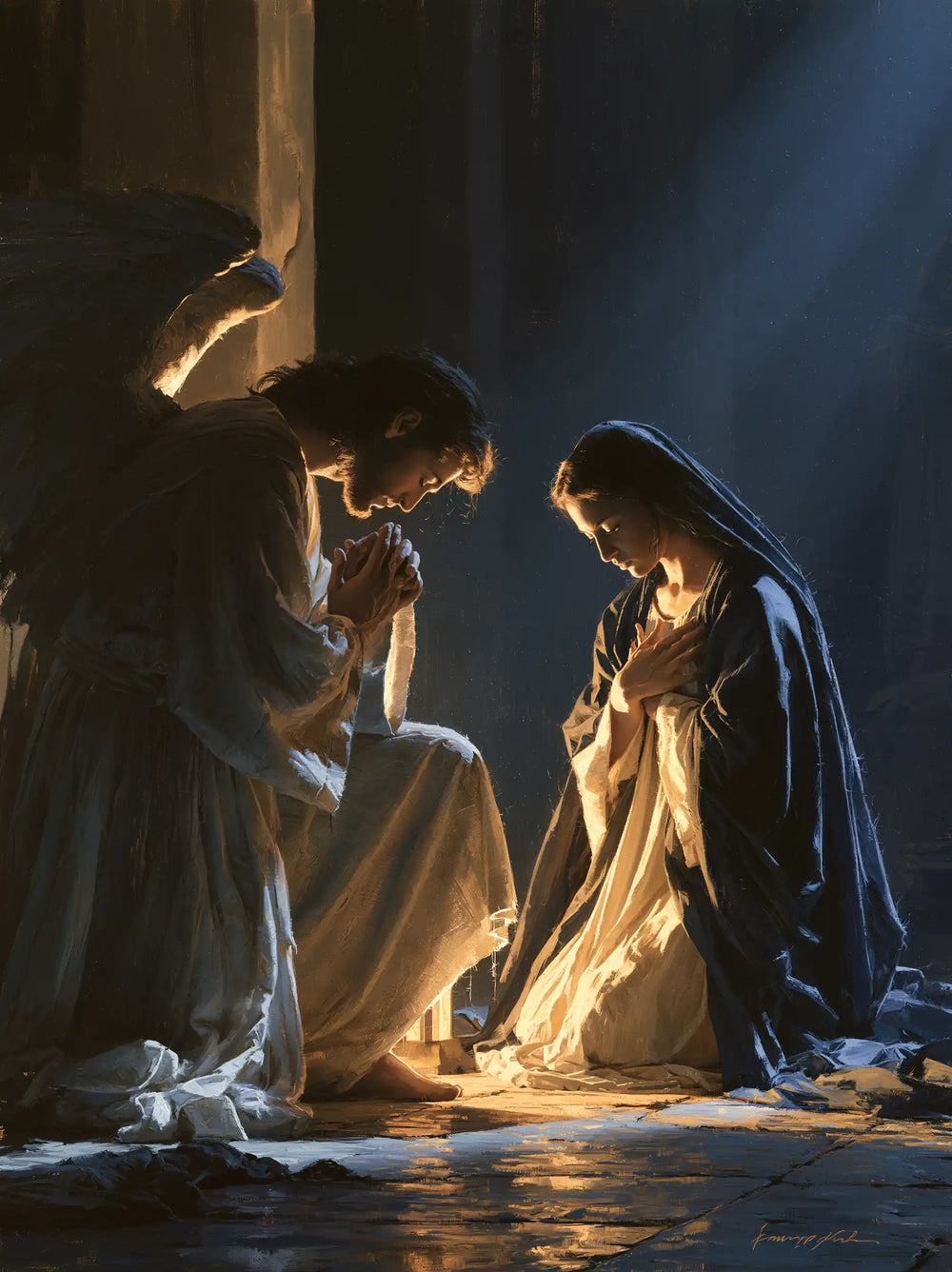 the Annunciation in midnight-blue chiaroscuro in Midnight Blue Chiaroscuro style, portrait Christian artwork no. 21
