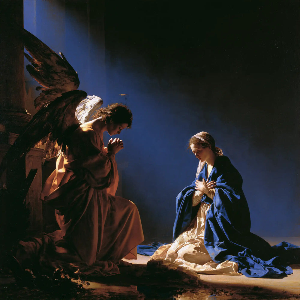 the Annunciation in midnight-blue chiaroscuro in Midnight Blue Chiaroscuro style, square Christian artwork no. 1