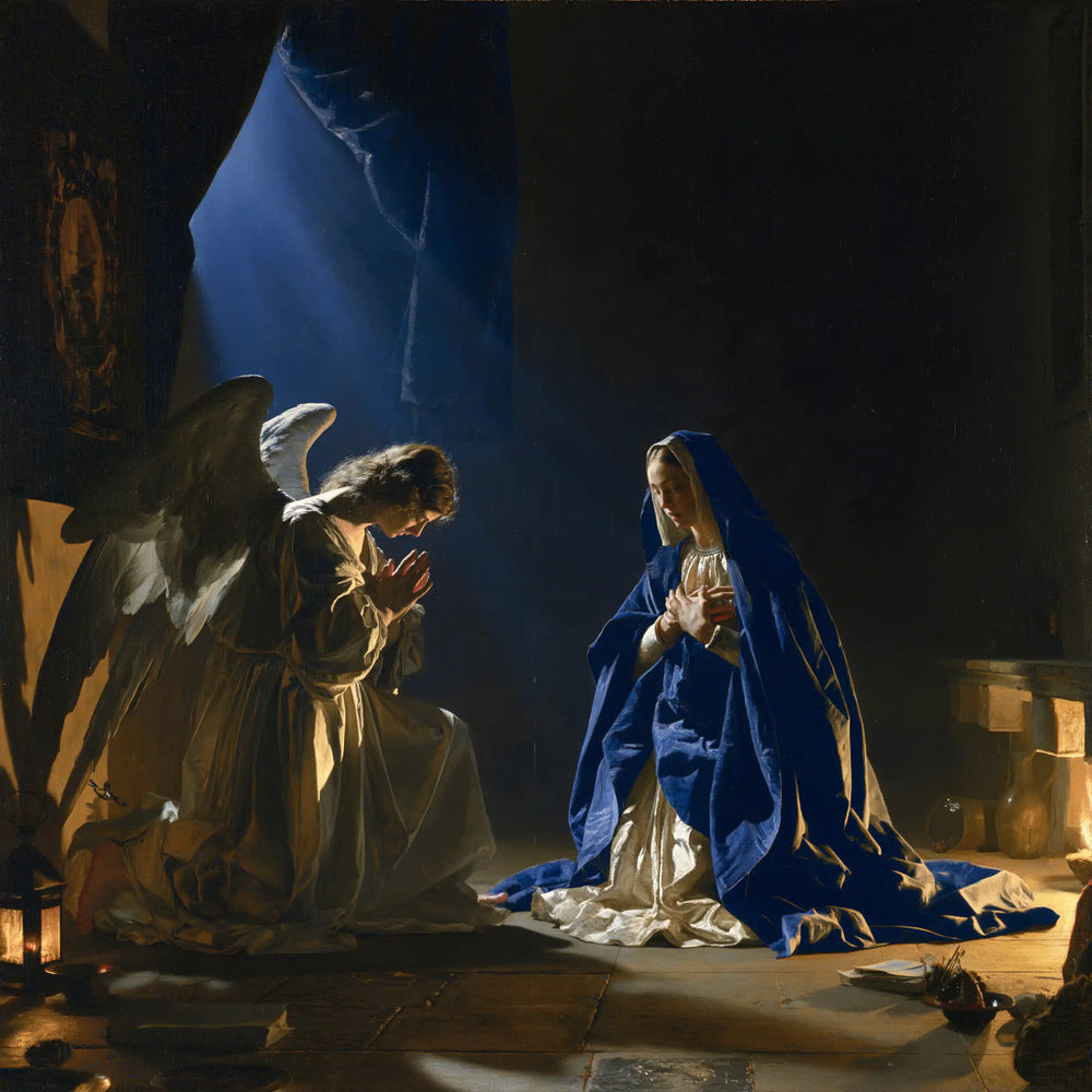 the Annunciation in midnight-blue chiaroscuro in Midnight Blue Chiaroscuro style, square Christian artwork no. 6