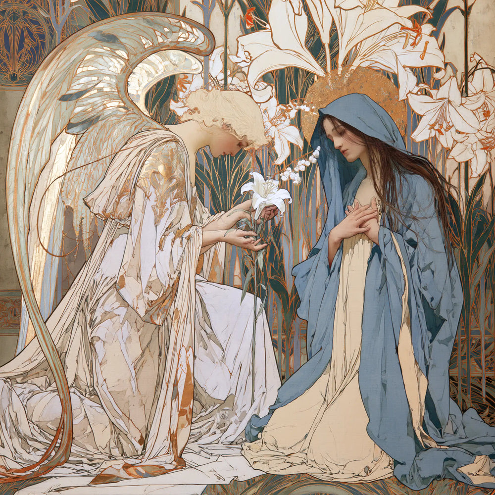the Annunciation framed by sacred Art Nouveau ornament in Sacred Art Nouveau style, square Christian artwork no. 1