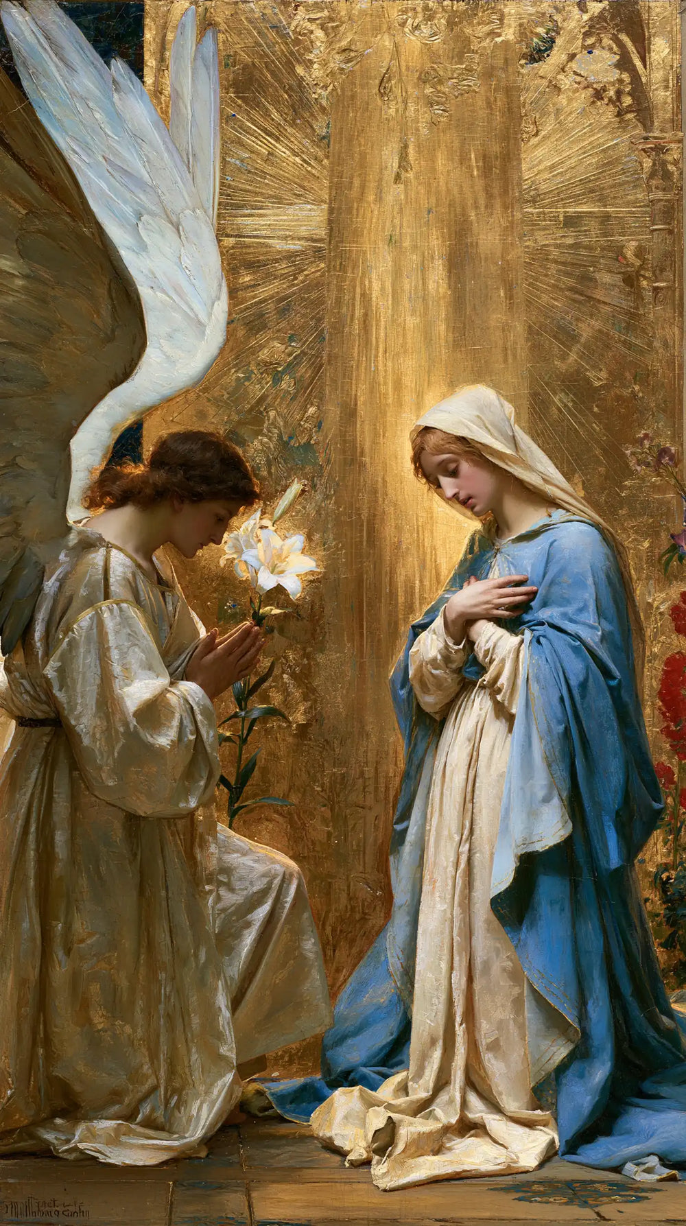 the Annunciation in sacred golden light in Sacred Gold style, portrait Christian artwork no. 7