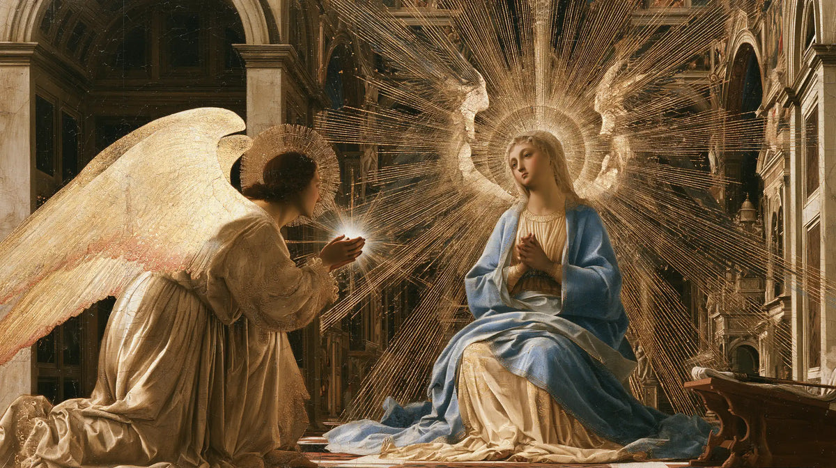 the Annunciation in a monumental sacred view in Sacred Monumental View style, landscape Christian artwork no. 10