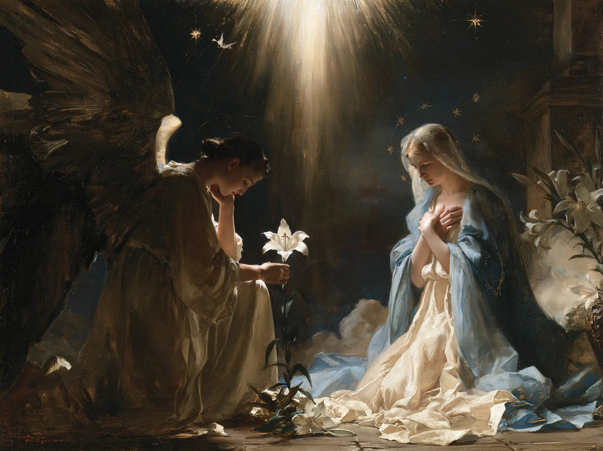 the Annunciation in a symbolist composition in Symbolist style, landscape Christian artwork no. 6