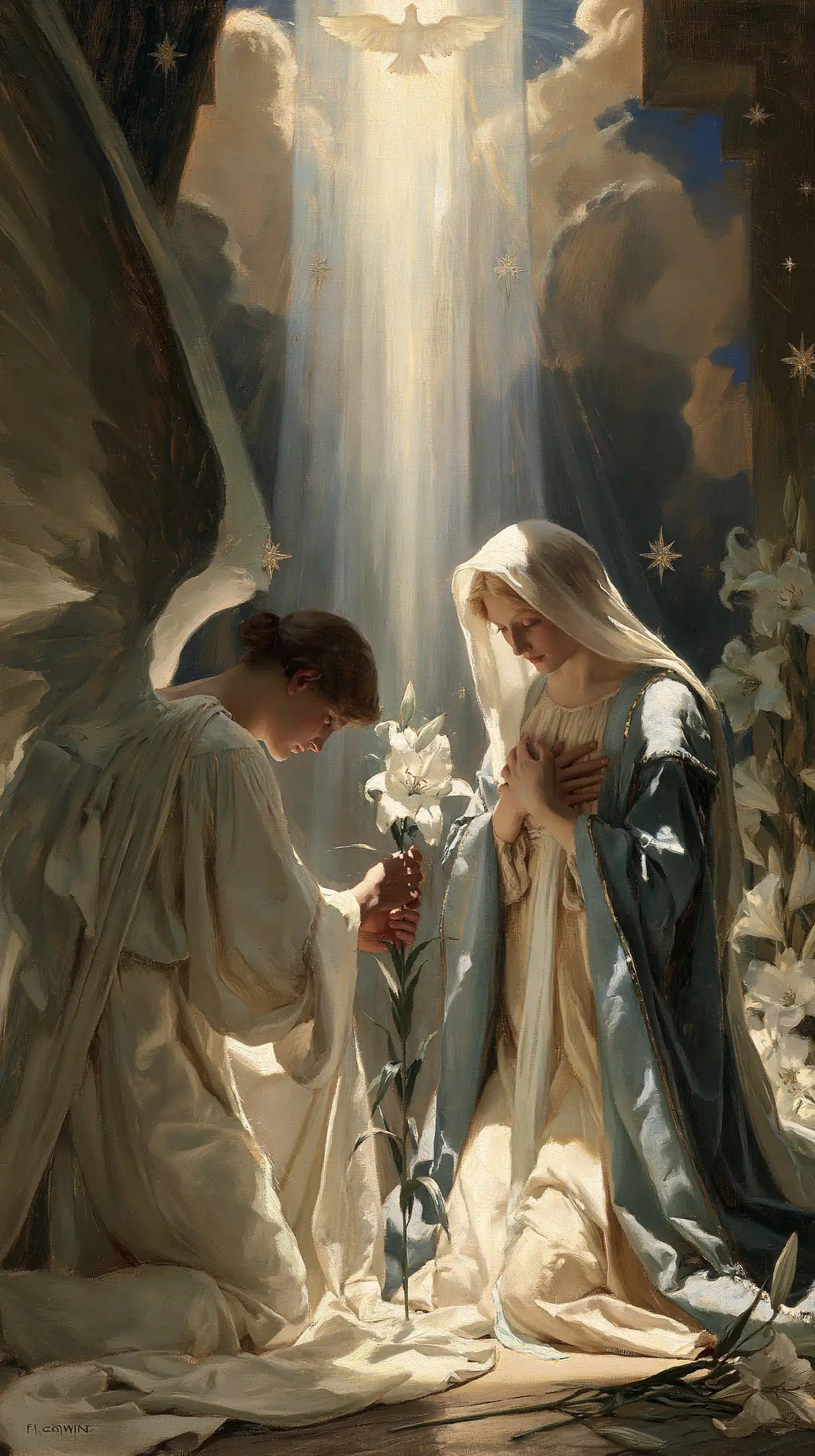 the Annunciation in a symbolist composition in Symbolist style, portrait Christian artwork no. 10