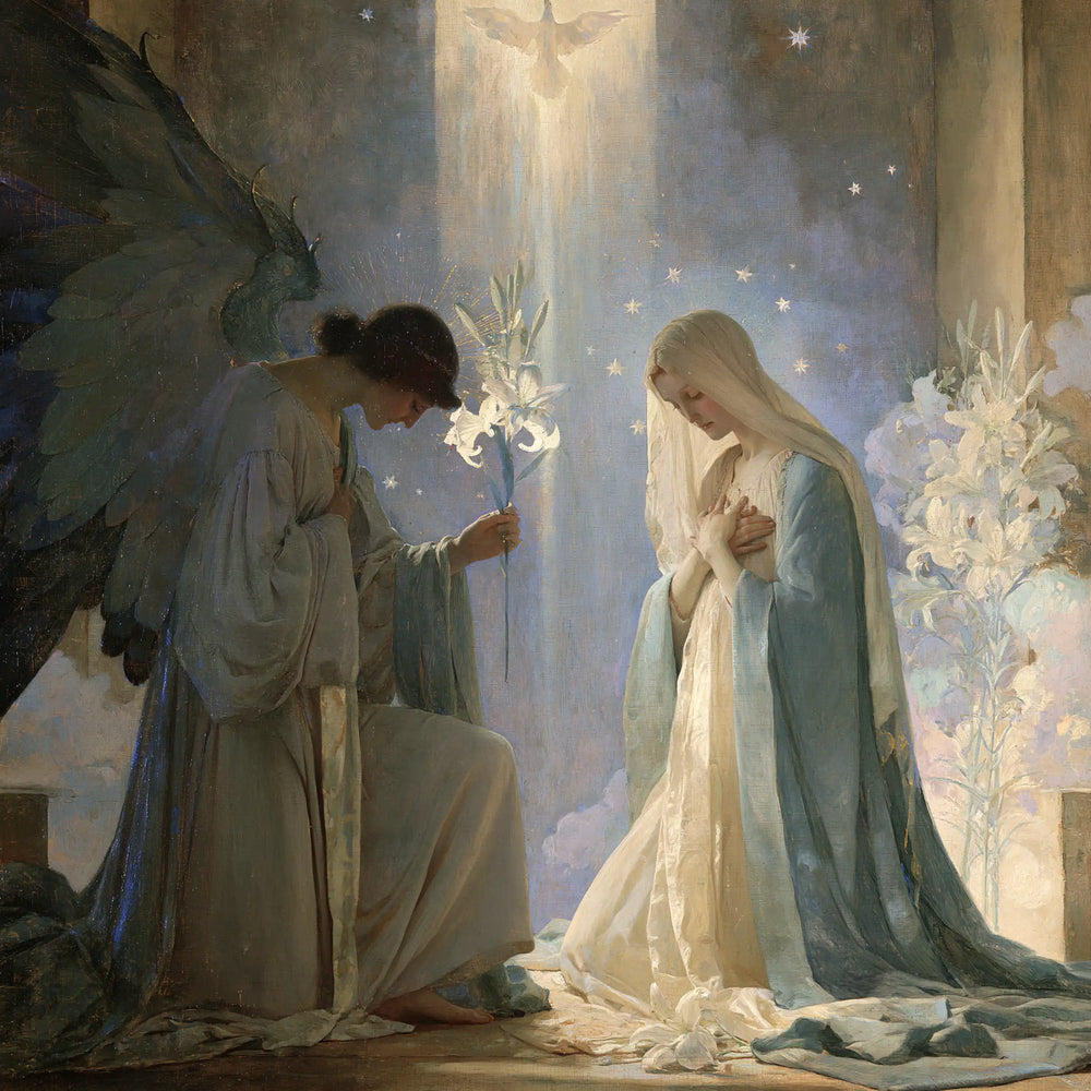 the Annunciation in a symbolist composition in Symbolist style, square Christian artwork no. 2