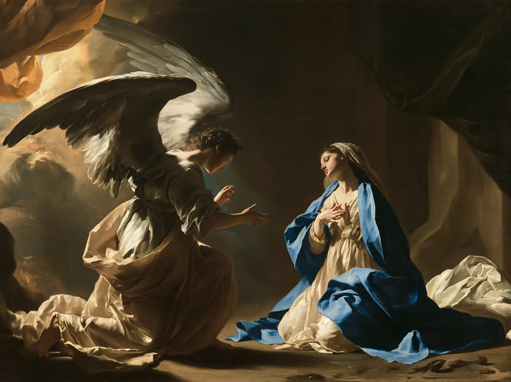 the Annunciation in a theatrical Baroque scene in Theatrical Baroque style, landscape Christian artwork no. 6