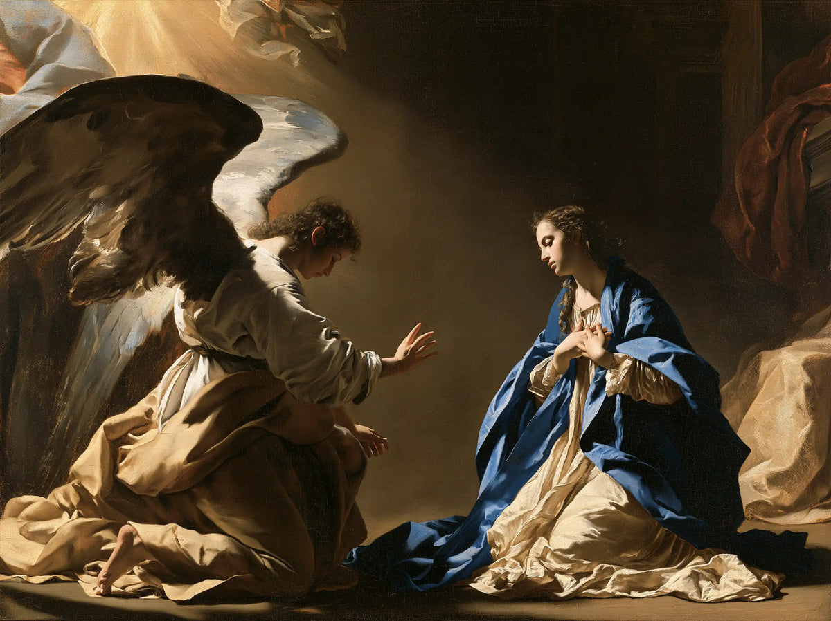 the Annunciation in a theatrical Baroque scene in Theatrical Baroque style, landscape Christian artwork no. 7