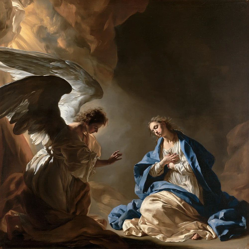 the Annunciation in a theatrical Baroque scene in Theatrical Baroque style, square Christian artwork no. 5