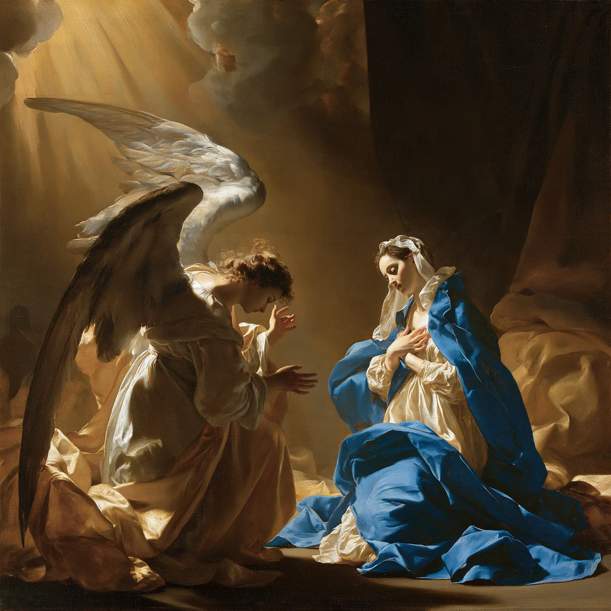 the Annunciation in a theatrical Baroque scene in Theatrical Baroque style, square Christian artwork no. 7