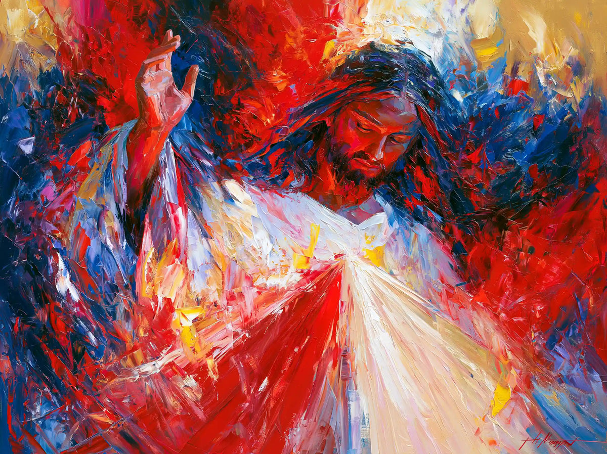 Jesus as Divine Mercy with red and pale rays, expressionist landscape Christian artwork
