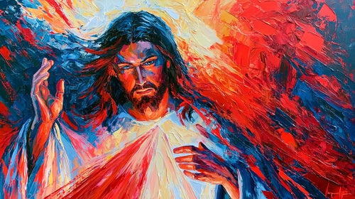 Jesus as Divine Mercy with red and pale rays, expressionist landscape Christian artwork