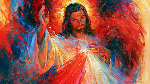 Jesus as Divine Mercy with red and pale rays, expressionist landscape Christian artwork