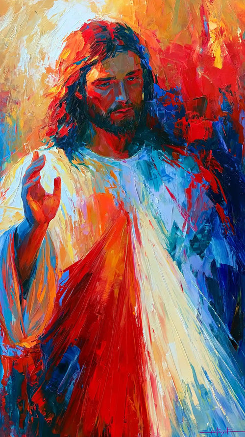 Jesus as Divine Mercy with red and pale rays, expressionist portrait Christian artwork