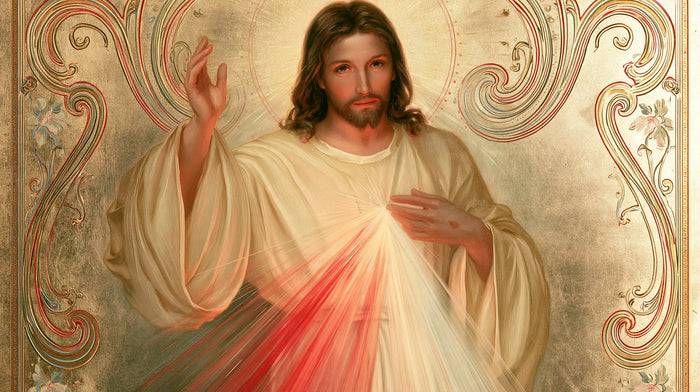Divine Mercy Jesus — The Blessing in Vermilion Curves