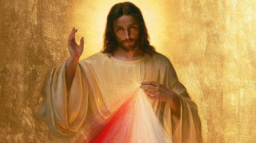 Divine Mercy Jesus in radiant golden light in Sacred Gold style, landscape Christian artwork no. 11