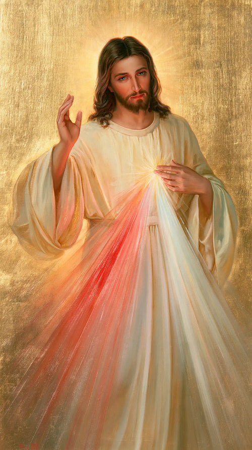 Divine Mercy Jesus in radiant golden light in Sacred Gold style, portrait Christian artwork no. 14