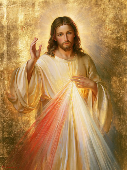 Divine Mercy Jesus in radiant golden light in Sacred Gold style, portrait Christian artwork no. 23