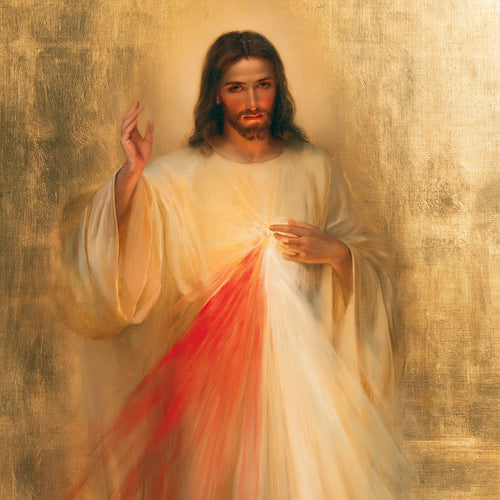Divine Mercy Jesus in radiant golden light in Sacred Gold style, square Christian artwork no. 3