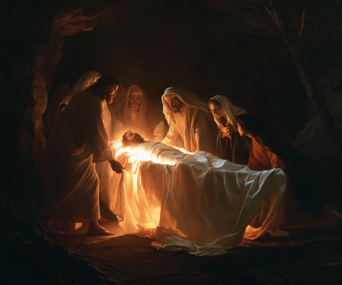 Entombment of Jesus Christ in Divine Light style, landscape Christian artwork no. 1