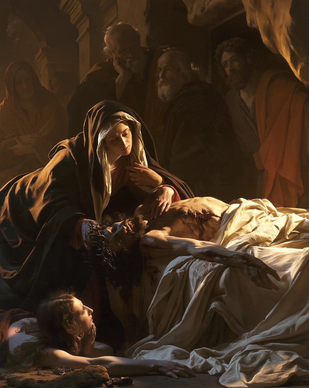 Entombment of Jesus Christ in Intimate Mourning style, portrait Christian artwork no. 10