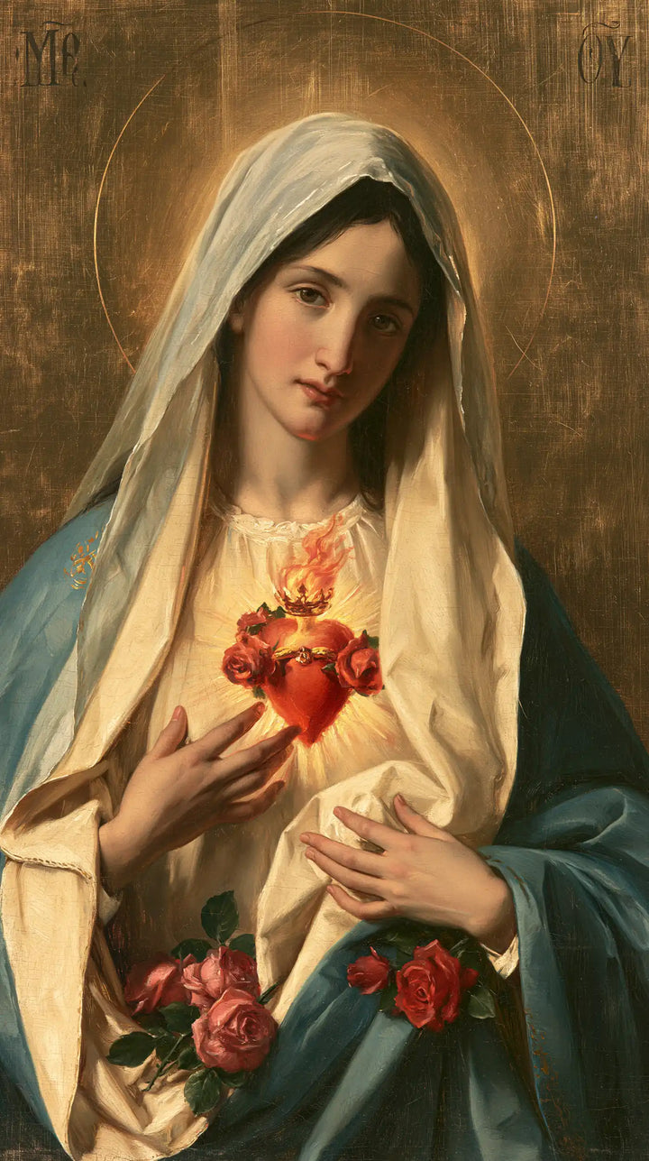 The Immaculate Heart of Mary — Scattered Roses Across the Mantle