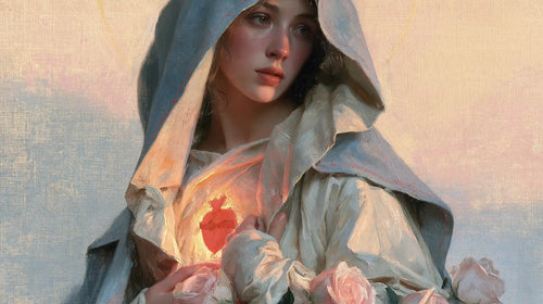 the Immaculate Heart of Mary at dawn in The Immaculate Heart at Dawn style, landscape Christian artwork no. 13