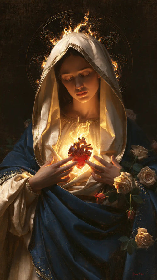 Mary and her Immaculate Heart surrounded by divine light in Mary as Divine Light style, portrait Christian artwork no. 2