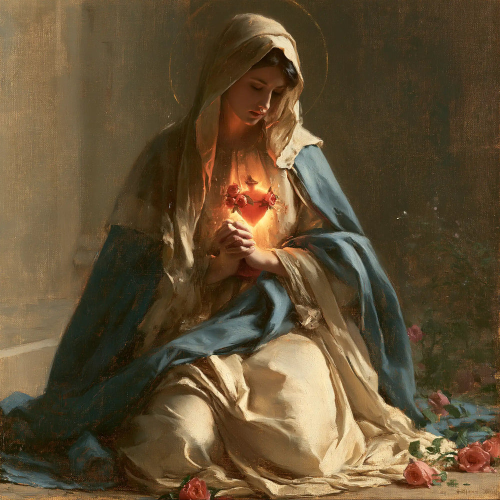 Mary praying with her Immaculate Heart in Mary in Prayer with the Immaculate Heart style, square Christian artwork no. 6