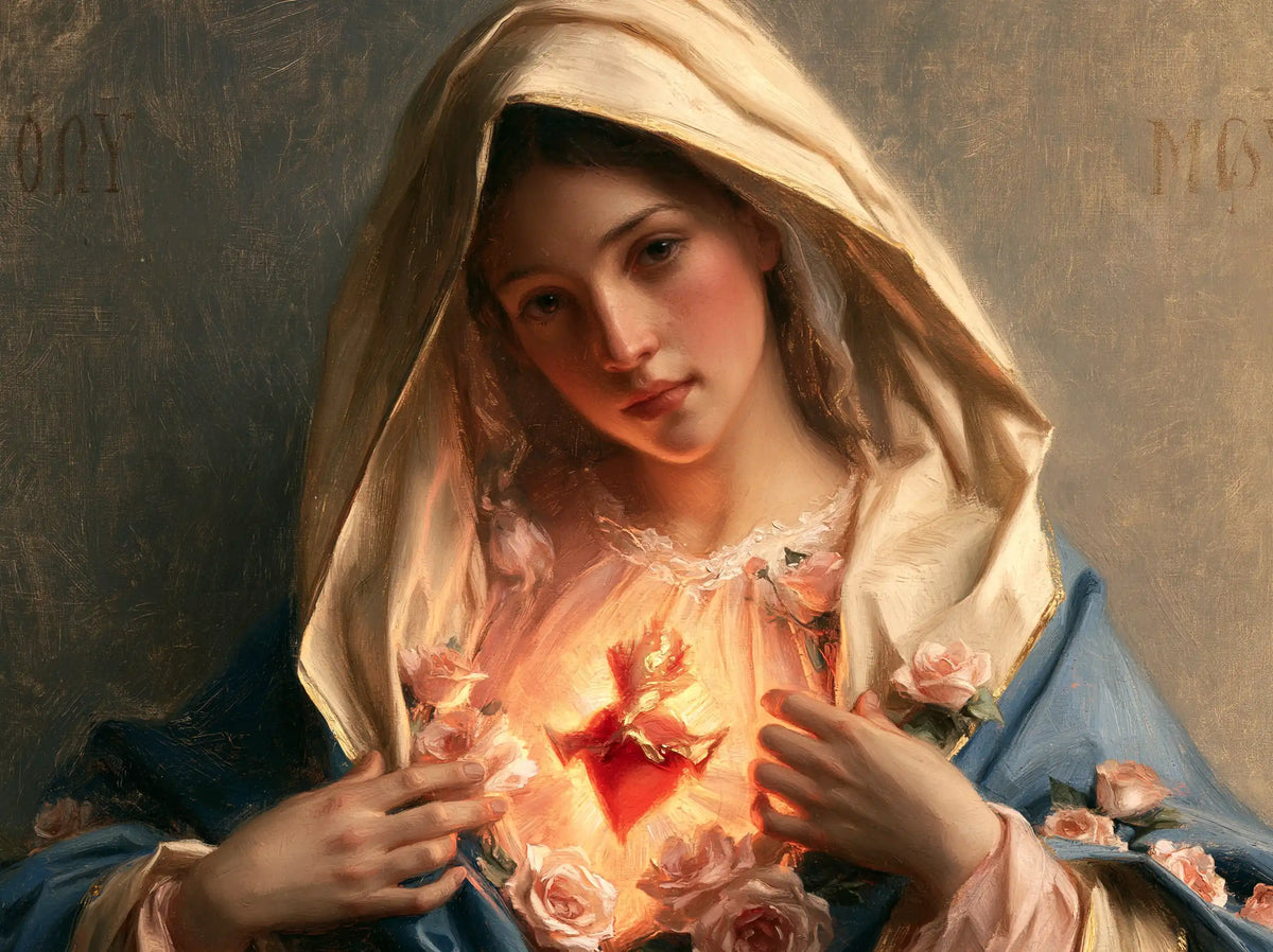 The Immaculate Heart of Mary — Open Roses Around the Fingers