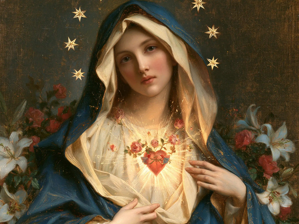 the Immaculate Heart of Mary in a symbolist composition in Symbolist style, landscape Christian artwork no. 4