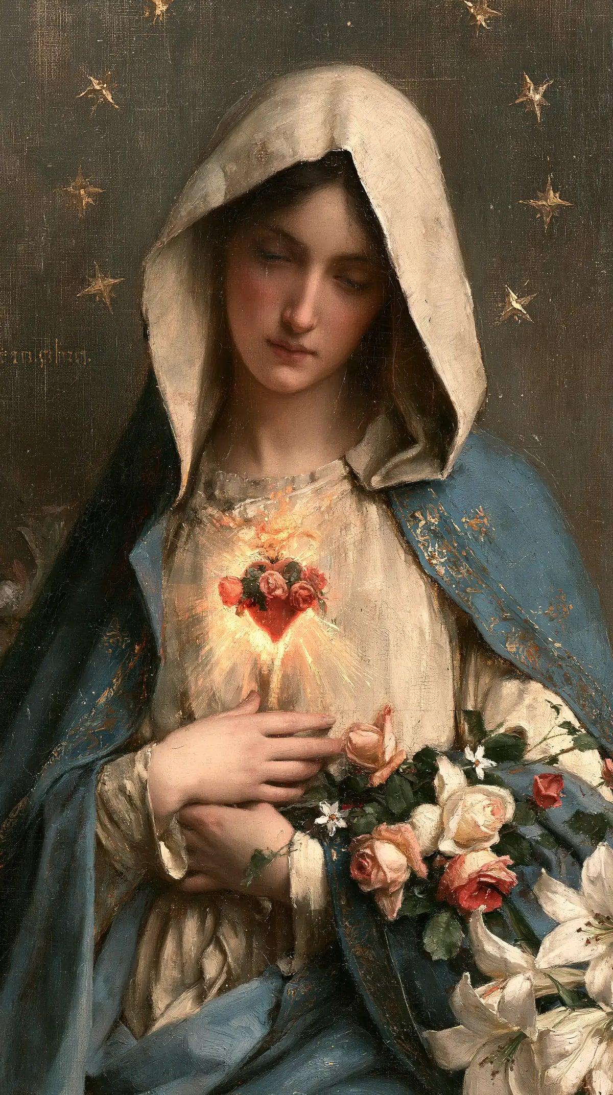 the Immaculate Heart of Mary in a symbolist composition in Symbolist style, portrait Christian artwork no. 9