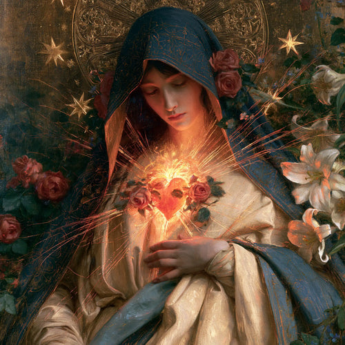 the Immaculate Heart of Mary in a symbolist composition in Symbolist style, square Christian artwork no. 7