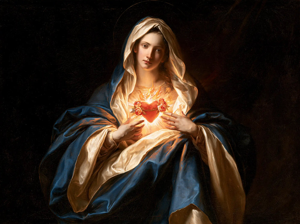 the Immaculate Heart of Mary in a theatrical Baroque scene in Theatrical Baroque style, landscape Christian artwork no. 9