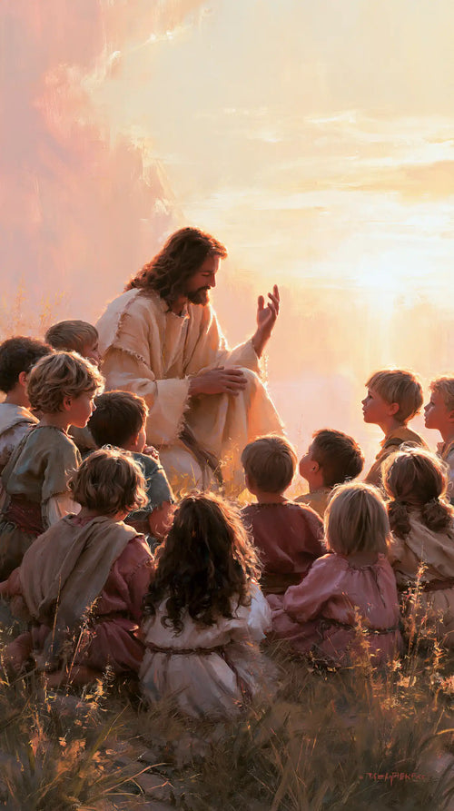 Jesus and the children gathered at dawn in Jesus and the Children at Dawn style, portrait Christian artwork no. 1