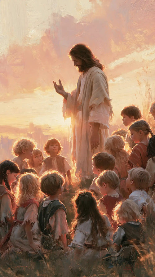 Jesus and the children gathered at dawn in Jesus and the Children at Dawn style, portrait Christian artwork no. 6