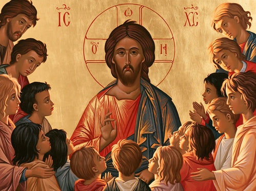 Jesus and the children in a contemporary Byzantine icon in Contemporary Byzantine style, landscape Christian artwork no. 3