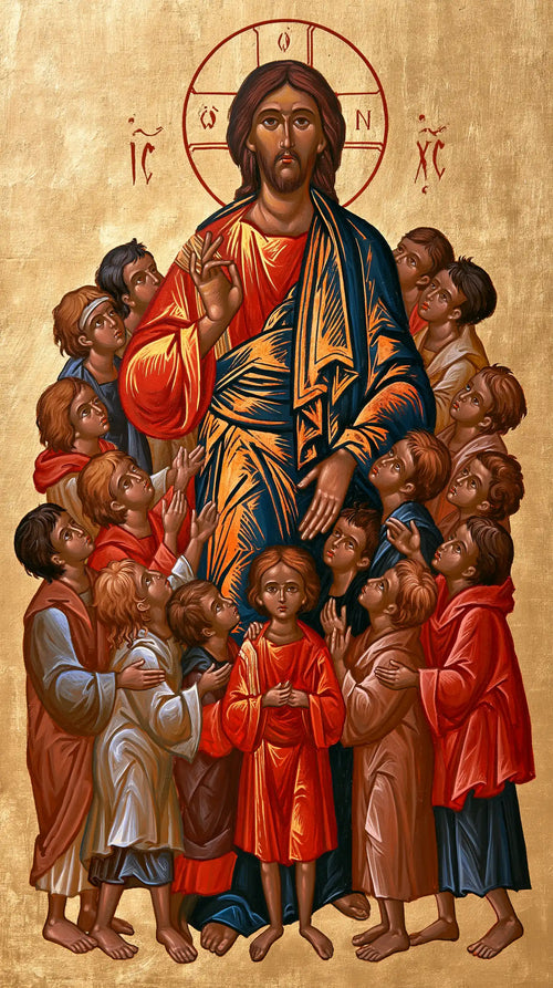 Jesus and the children in a contemporary Byzantine icon in Contemporary Byzantine style, portrait Christian artwork no. 4